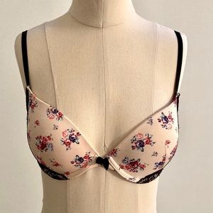 H&M Push Up Bra 32D Pink Floral Black Lace